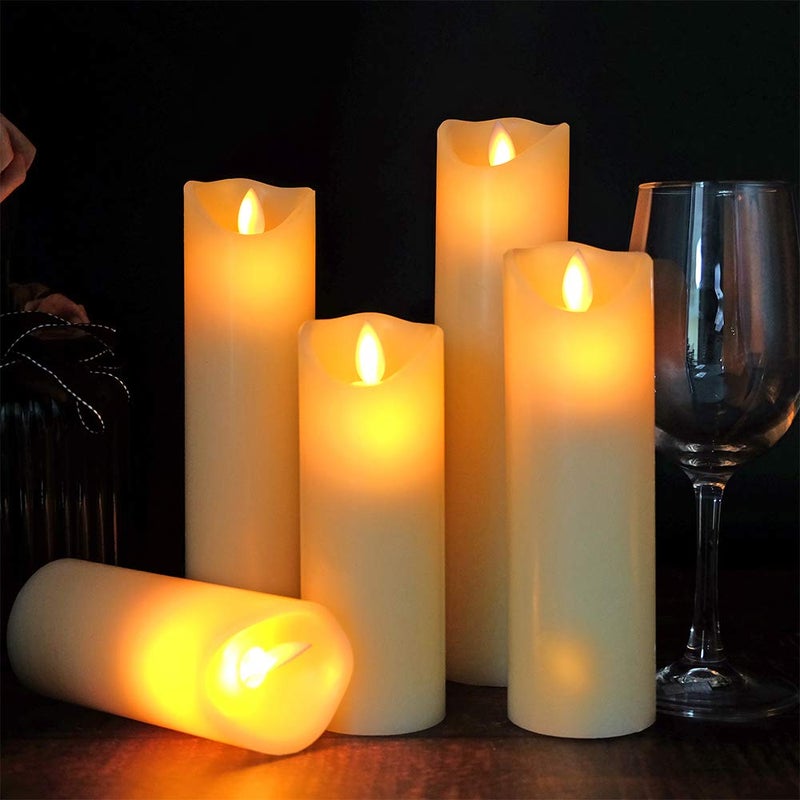 Eldnacele LED Flameless Flickering Candles with Remote Timer Warm White Battery Operated Wax LED Pillar Candles Set of 5 Realistic Flame for Decoration (2.2" X 5"6" 7" 8" 9") - Image 4